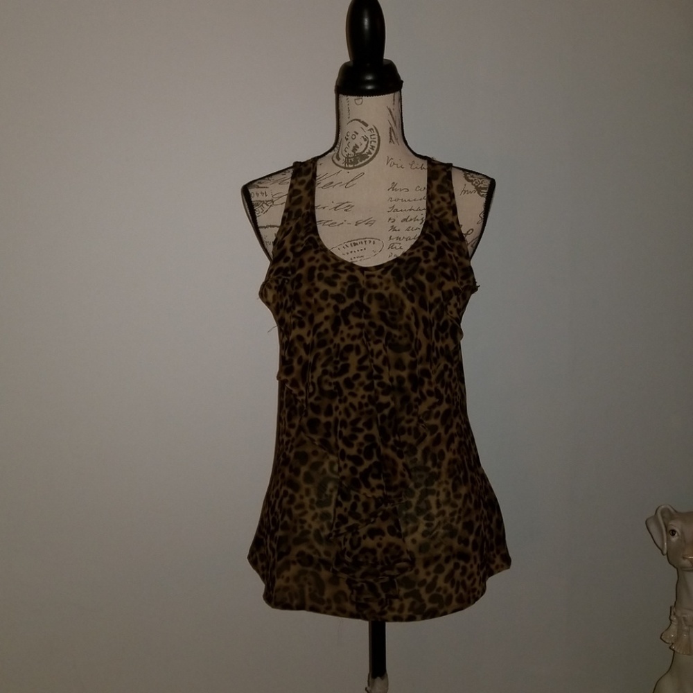 Leopard print pullover ruffle front bouse